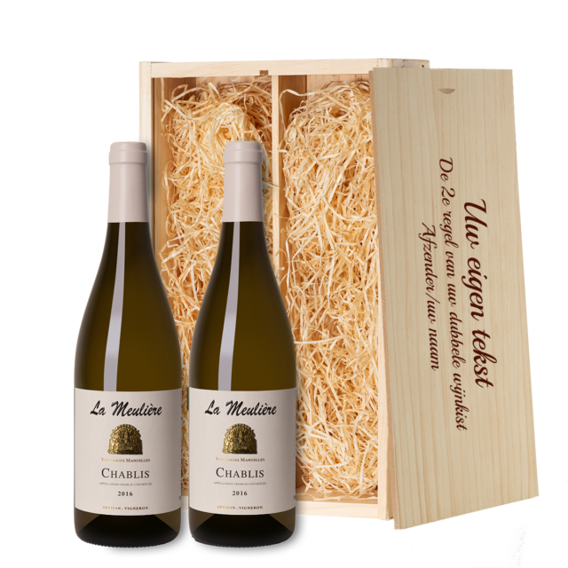 2 flessen Chablis in bedrukte persoonlijke wijnkist