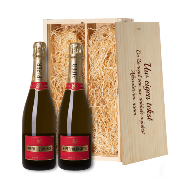 Dubbele wijnkist met 2 flessen Piper Heidsieck Brut Champagne ervoor